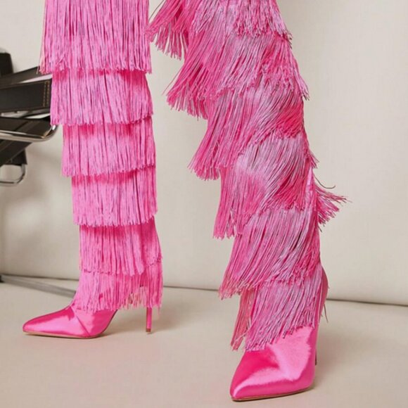 Gogo Fringed Thread Tassle OTK Thigh High Pink Satin High Heel Boots - Picture 7 of 14